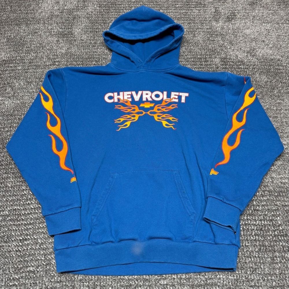 Brixton Chevrolet Mens Hoodie M Blue Flames Graphic Pullover Sweatshirt